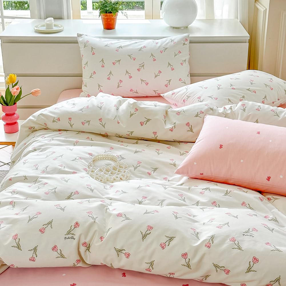 Covebett Cotton Duvet Cover Single Size White Pink Floral Flower Tulip Reversible Bedding Set 2pcs, 1 Aesthetic Quilt Cover 135x200 cm with Zipper Closure and 1 Pillowcases 50x75 cm โ image 1