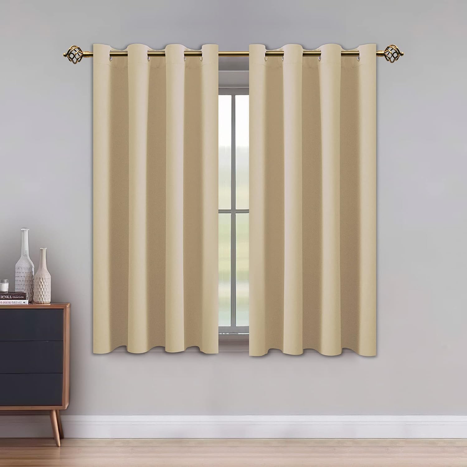 LUSHLEAF Blackout Curtains for Bedroom, Solid Thermal Insulated with Grommet Noise Reduction Window Drapes, Room Darkening Curtains for Living Room, 2 Panels, 52 x 63 inch Beige
