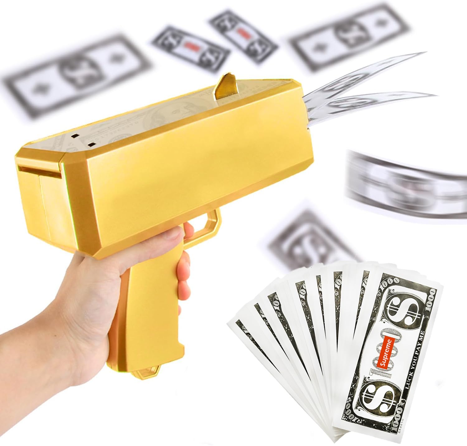 Geld Pistole Shooter mit 100 Fake Geld - Geldpistole für Filme, Filmrequisitenpistole, damit es regnet - Spaßiges Geldpistole Partyspiel für Karneval, Weihnachten, Hochzeit, Geburtstag