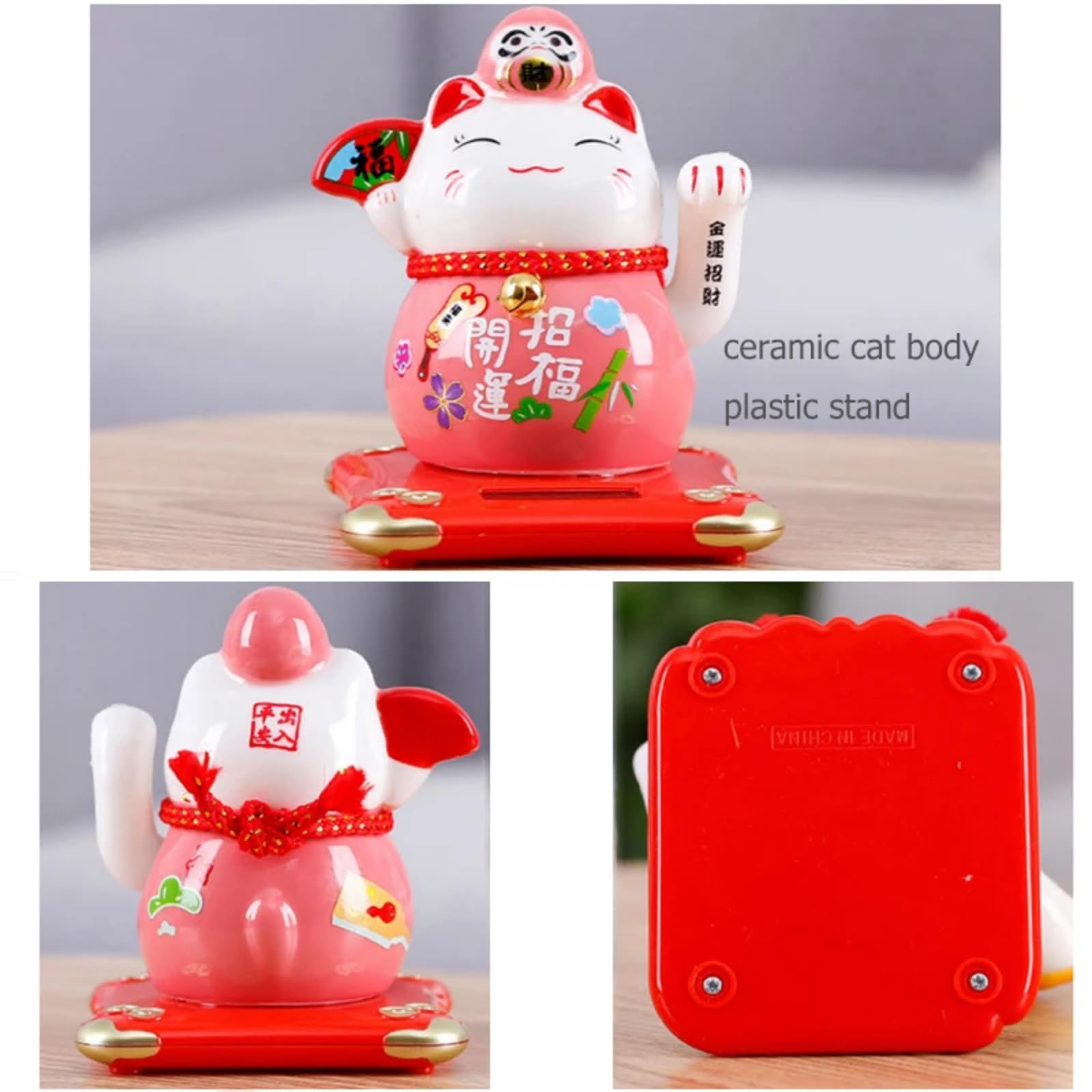 Machające ramię uśmiechnięta maneki neko różowa figurka ceramiczna, 10,3 cm 10 cm, dekoracja domu i samochodu