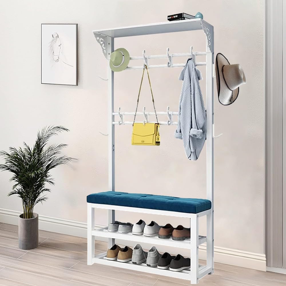 MYUYEE Hallway Coat Rack With Bench And Shelves, Metal Coat Stand With Shoe Racks And Hooks Free Standing Hall Tree Easy To Assemble For Living Room,Hallway, Bedroom, Entrance(B-100Cm)