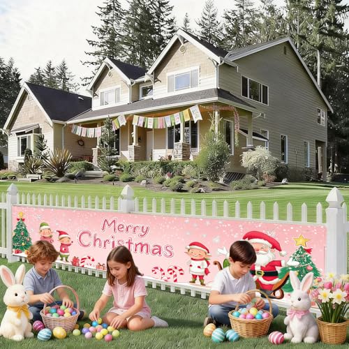 Image of Pink Merry Christmas Banner 78.7 x 17.7 Inch Santa and Elf with Christmas Tree Candy and Gift Box Design Festive Holiday Decoration for Home Yard Garden Wall or Indoor Celebration Display