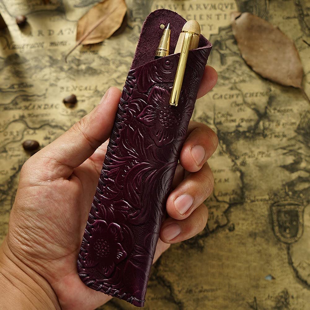 DONGKER Leather Pen Case,Vintage Fountain Pen Sleeve Holder for Two Ballpoint Fountain Rollerball Pens Pencils - Image 4