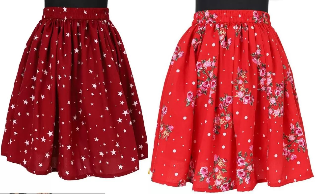 Mee-kah Girls Knee Length Beautiful Jaipuri Printed Skirts with Round Elastic for Better Grip for Kids Girls and it is a Combo of 2 Grey-White