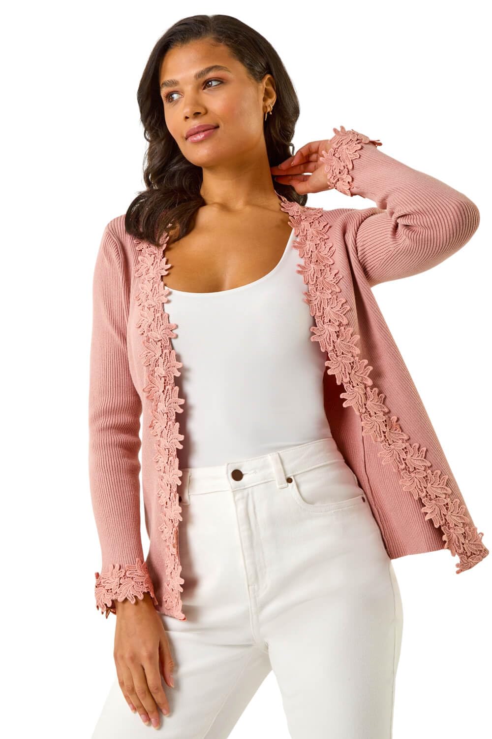 Roman Women's Pink Lace Trim Knit Cardigan Sweater In | : Size 18