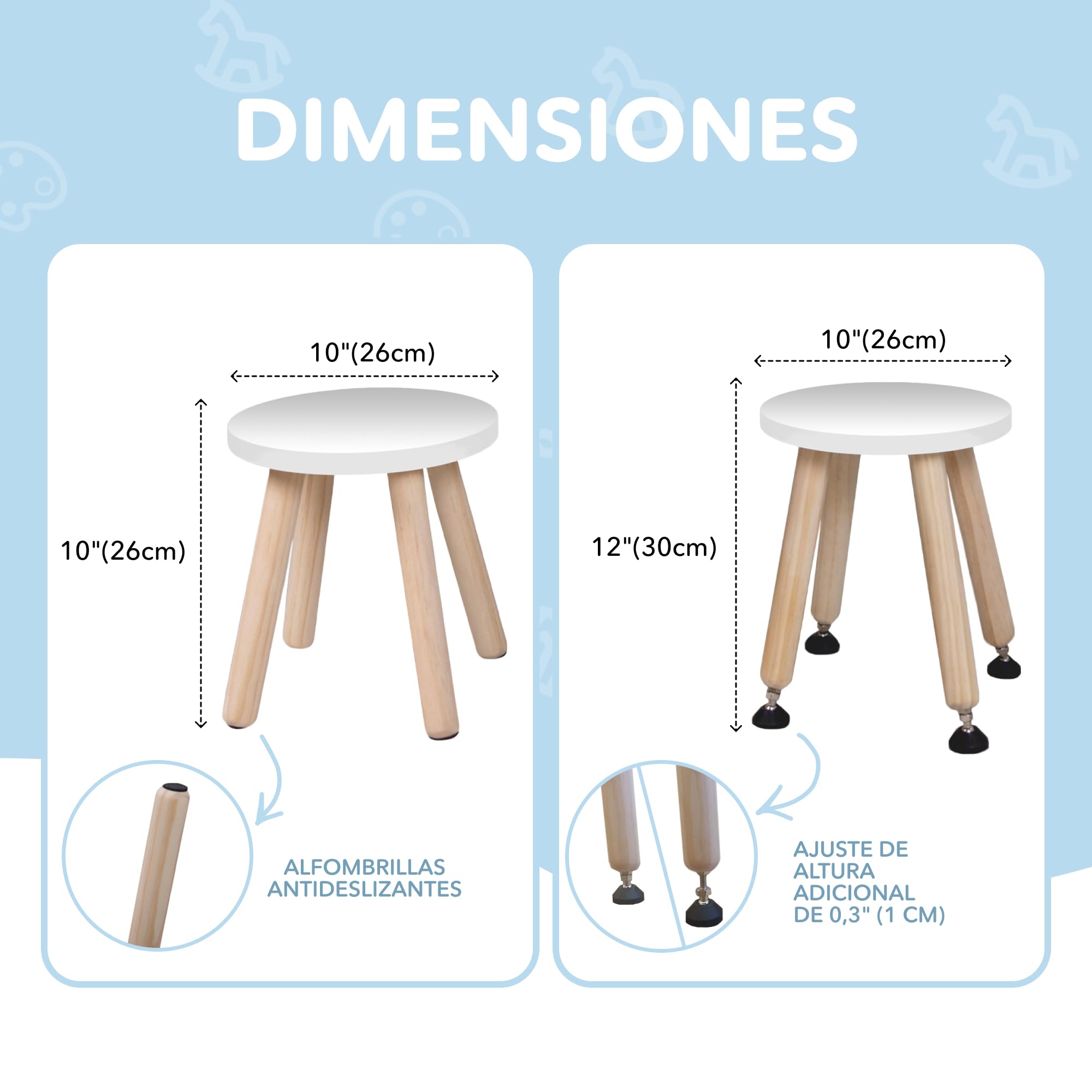 Cateam Taburete de Madera para niños y niños pequeños - Juego de 2 - Blanco - Silla para niños con Patas Extensibles - Taburete de Mesa sensorial - Taburete Redondo para niños con pies niveladores