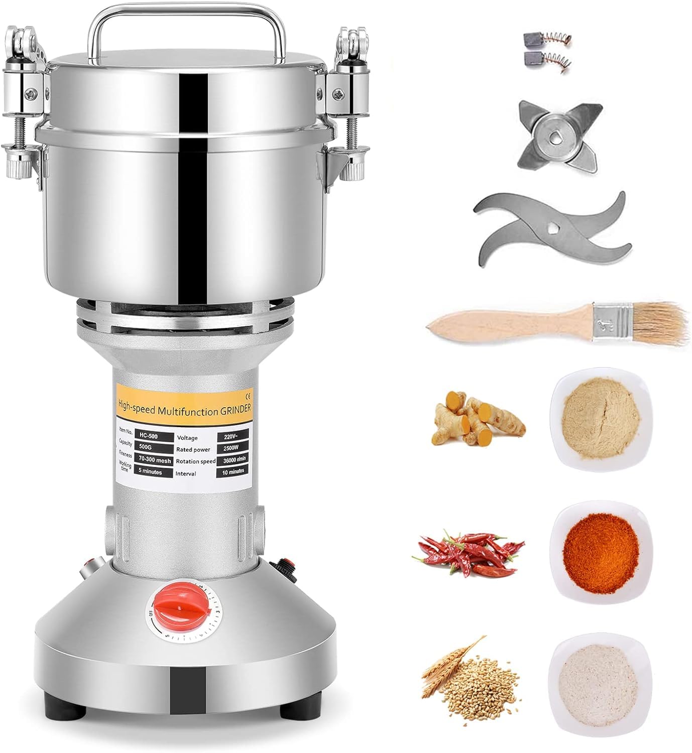 Portable Grain Mill, Herb Grain Spice Flour Mill Flour Powder Machine 220V, 3 Blades Timing Grinding Machine High Speed Food Processor (500g)
