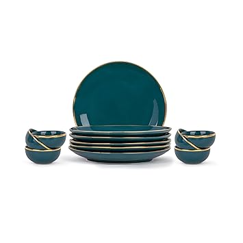 Ceramic Dinner Set, 12 Pcs, Teal Gold | Shay Goldline Series | Crockery Set for Dining Table | Dining Sets Crockery Items | Glossy Finish | Premium Ceramic (Teal Gold, 12 Pieces)