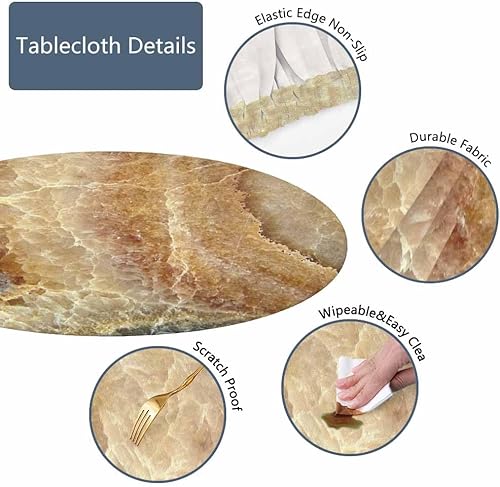 Miniatura 3 de Mantel redondo de mármol ónix con bordes elásticos, color marrón, lavable, reutilizable, para cocina, picnic, fiesta, 40-44 pulgadas