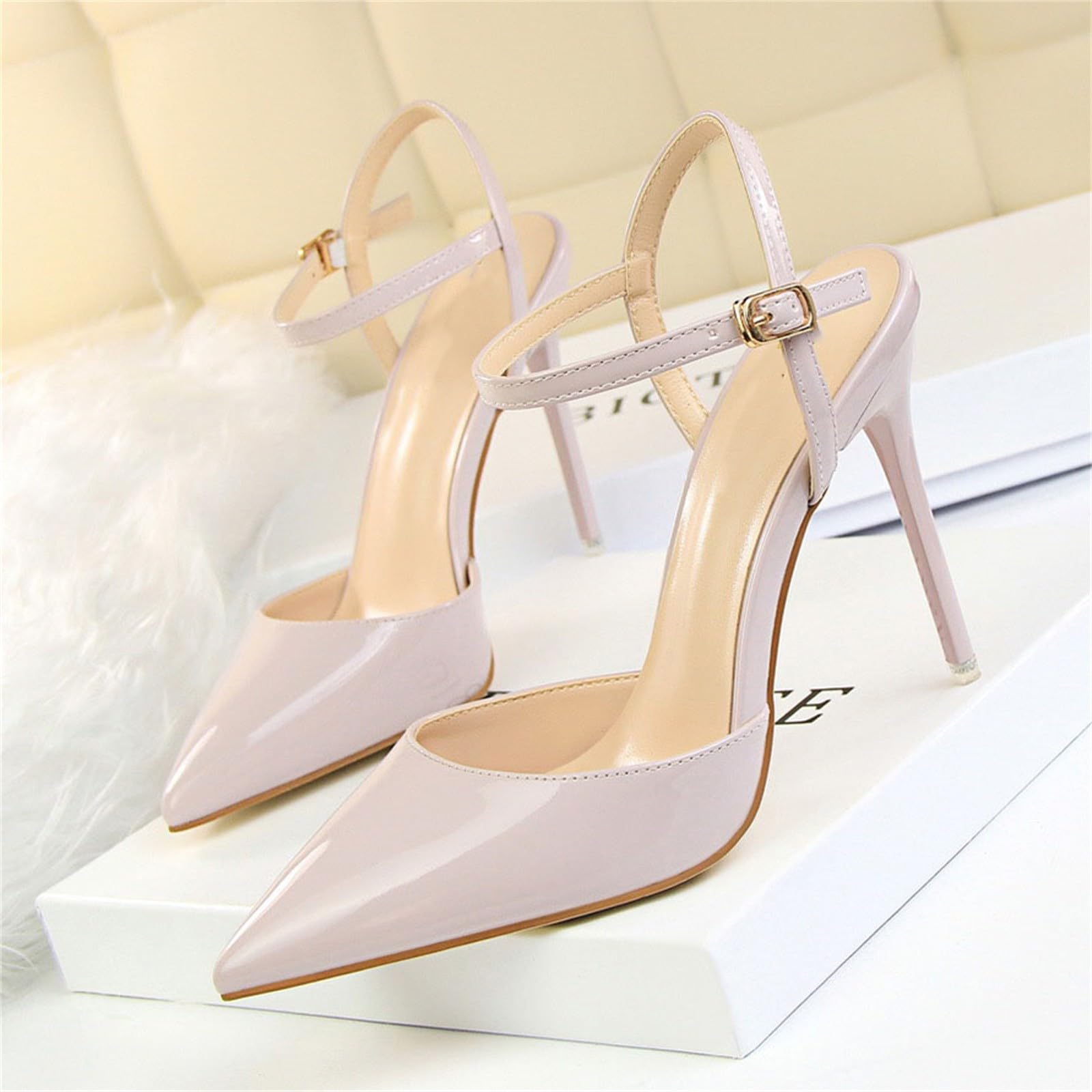 Sandali da donna con tacco alto, eleganti scarpe a spillo a punta | Sandali chiusi in pelle verniciata, con cinturino alla caviglia regolabile, scarpe da sposa per feste, discoteca, matrimoni