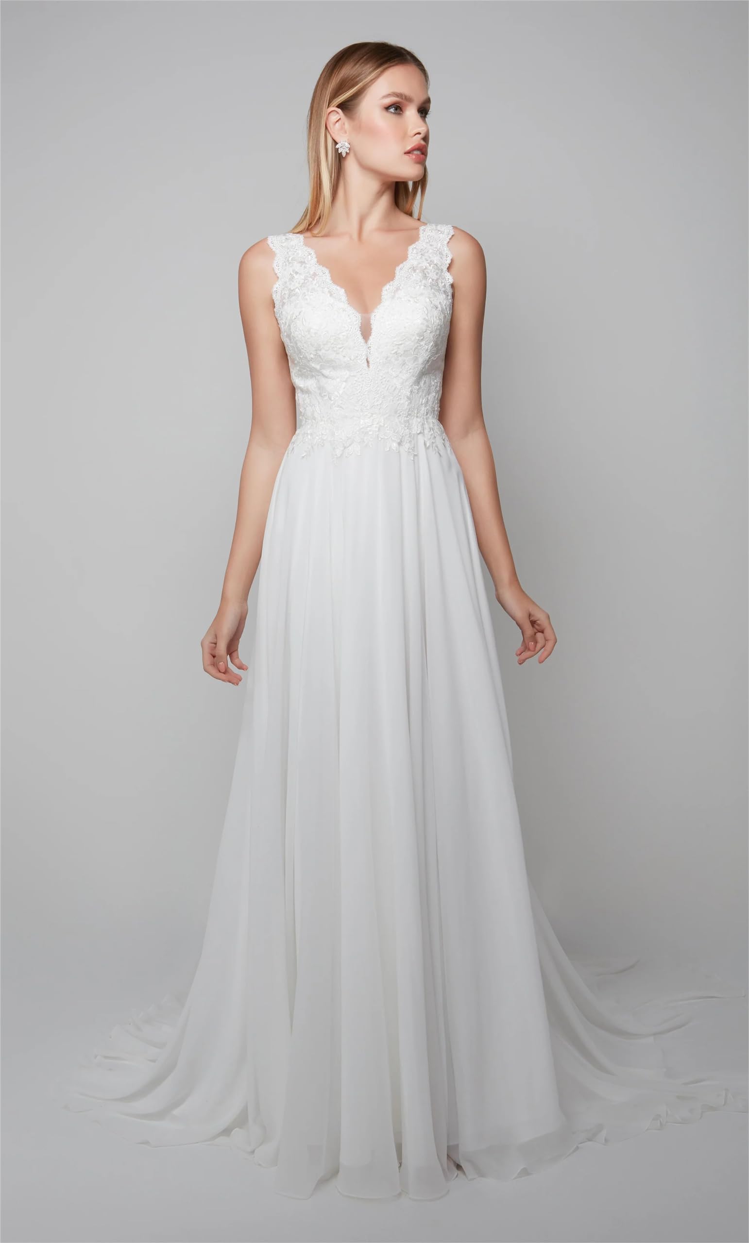 Abito da Sposa Abiti da Sposa Manica Lunga Scollatura a V Ufficio Civile Moda Sposa Abiti da Sposa, Bianco 18, 50