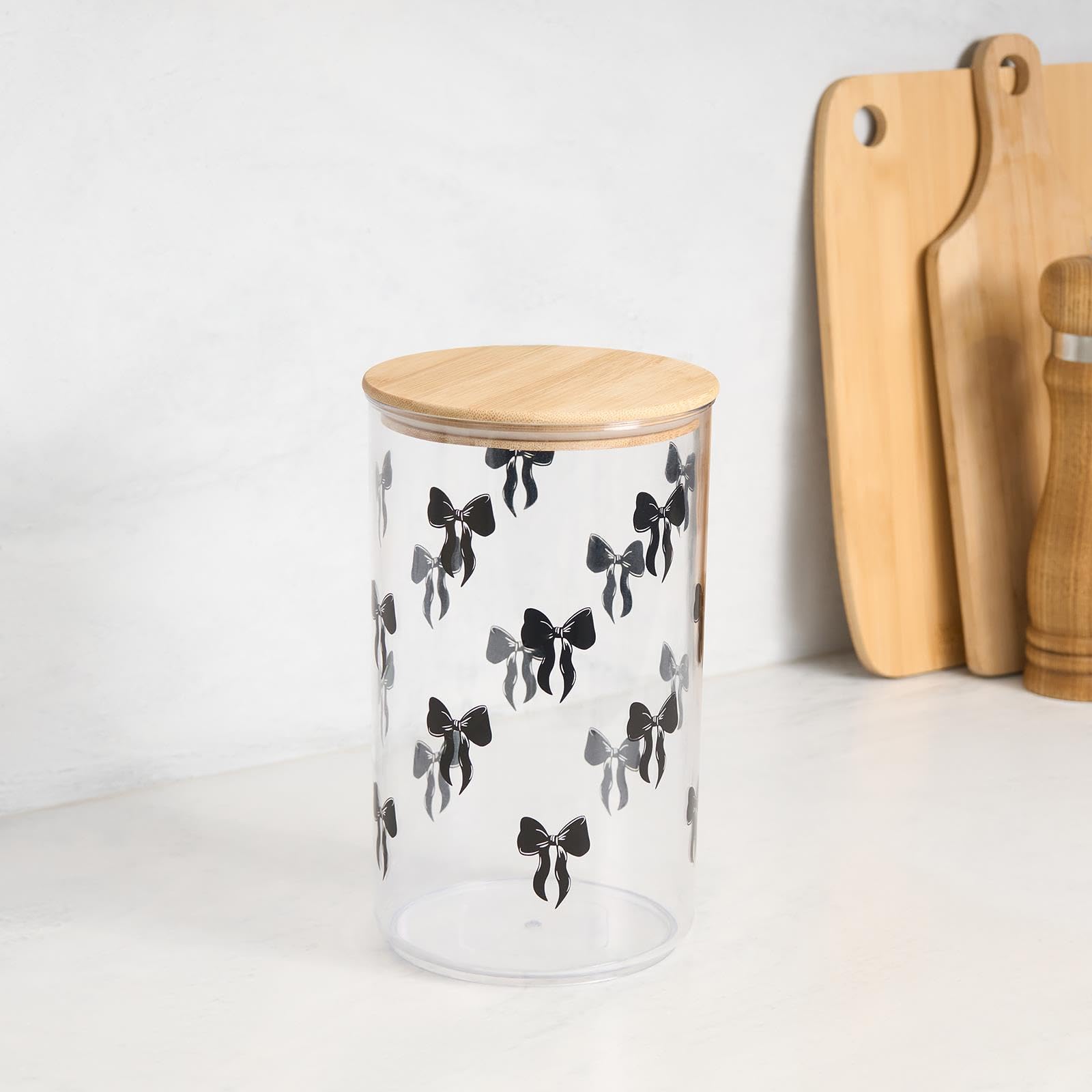 Ohs Bow - Black/Clear Bow Print Airtight Food Storage Container Bamboo Lid, Round Medium Bpa Free Plastic Storage Jars With Lids Spaghetti Pasta Food Containers Kitchen Organisation For Cereal Flour, Black