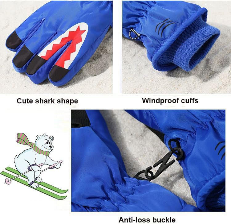 INOGIH Winter Thermal Warm Windproof Ski Gloves for 7-14Yrs Kids Boys Cold Weather Shark-Print Snow Gloves - Image 2