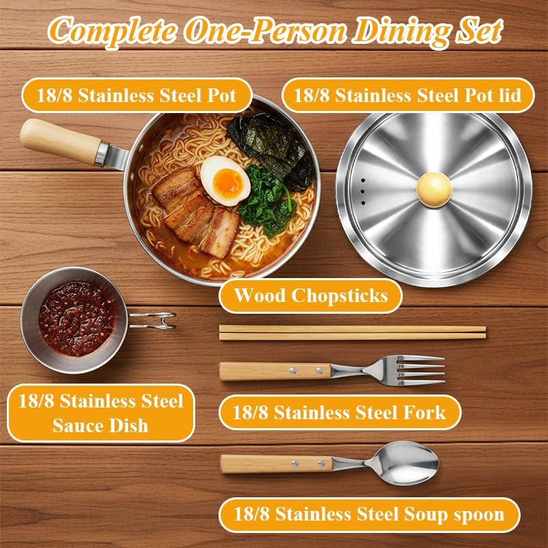 Korean Ramen Pot Set, 18/8 Stainless Steel Ramen Cooking Pot with Stainless Steel Lid, Coating-Free One-Person Dining Set, Wooden Handle Bowl, Fork Spoon Chopsticks&Sauce Dish, Safe for Gas Stove