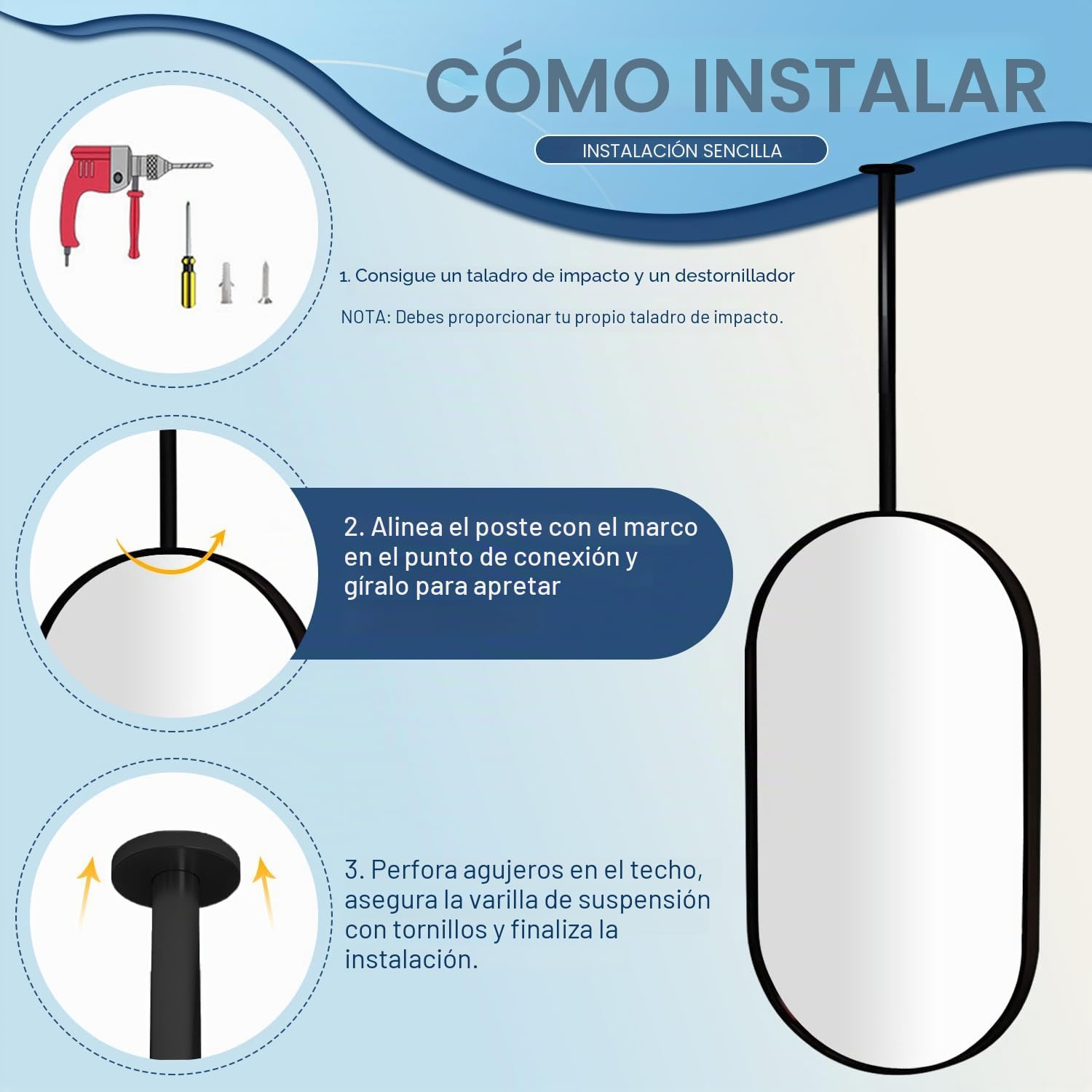 Espejo De Baño Montado En La Pared - Espejo De Tocador Ovalado Espejos De Vidrio Templado(Size:50 * 70cm,Color:Black)