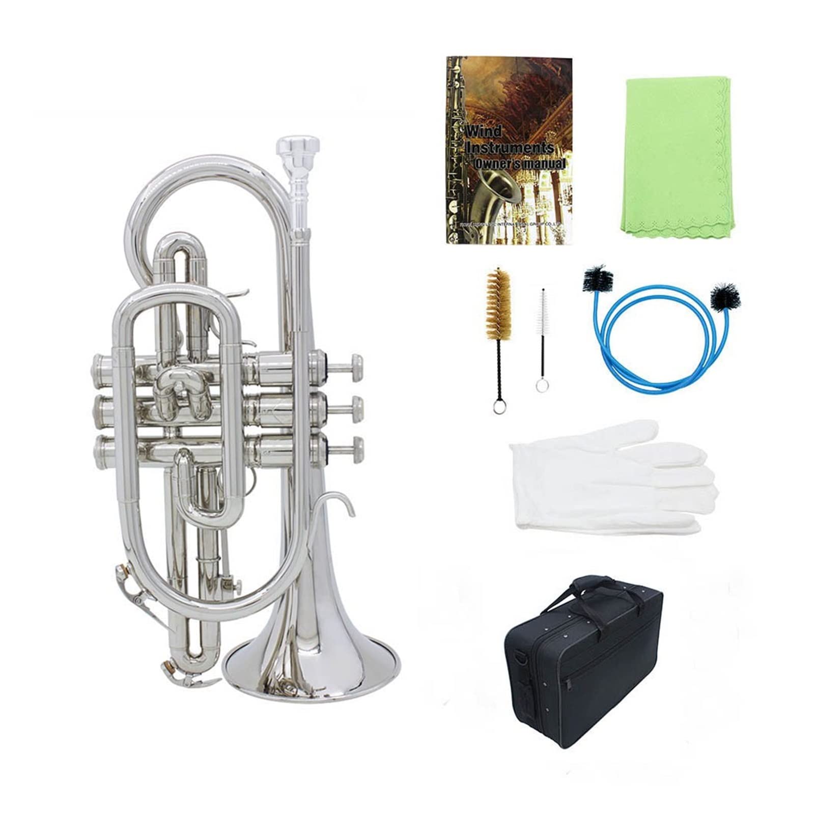 FLFL Professionelles Kornet Messing Instrument Mit Tragetaschen Handschuhe Reinigungstuchbürsten BB Flachkornett Student Trompete (Color : Silver)