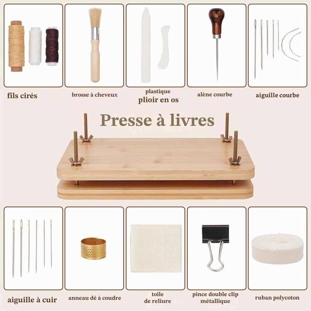 OLYCRAFT Kits de Reliure de Livres Fournitures de Reliure Ensemble D'Outils de Démarrage de Reliure de Livres avec Outil de Presse de Livre en Bois Tissu en Coton Règle en Tissu Dé à Coudre