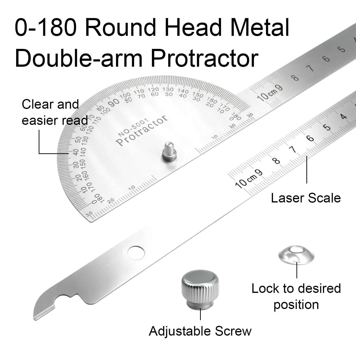 Protractor and Compass Set - 10cm (3.94 Inch) Stainless Steel Angle Finder with 2 Metal Compasses, 180° Adjustable Two Arm Ruler for Geometry, Woodworking, Engineering & School Supplies