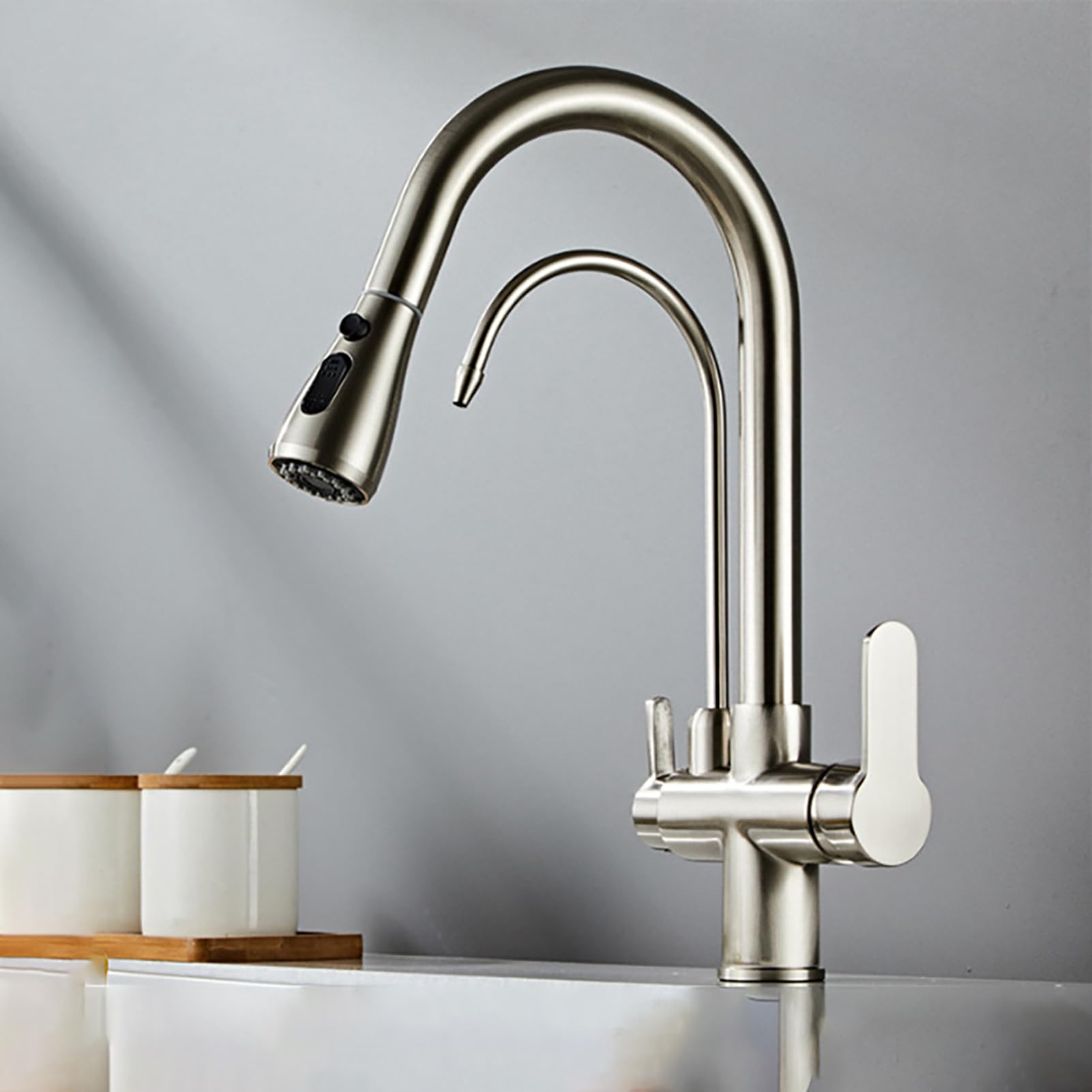 MXXQRHF High Arc Kitchen Faucet with PullOut Sprayer Dual Handle Water Filter Tap for Easy Use Sleek Design for Filtered & Regular Water Kitchen Sink Upgrade