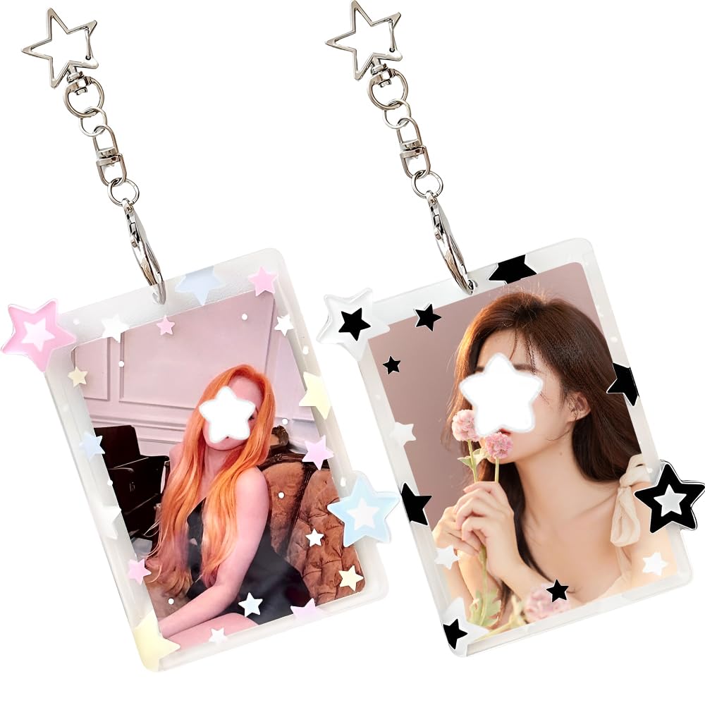 IPEWOEF 2Pcs Star Kpop Photocard Holder Keychain 3 Inch Photo Card Holder Photocard Keychain Acrylic Cute Photocard Holder Pc Holder Kpop Photocards Holder with Star Pendant for Idol Card Photo Album