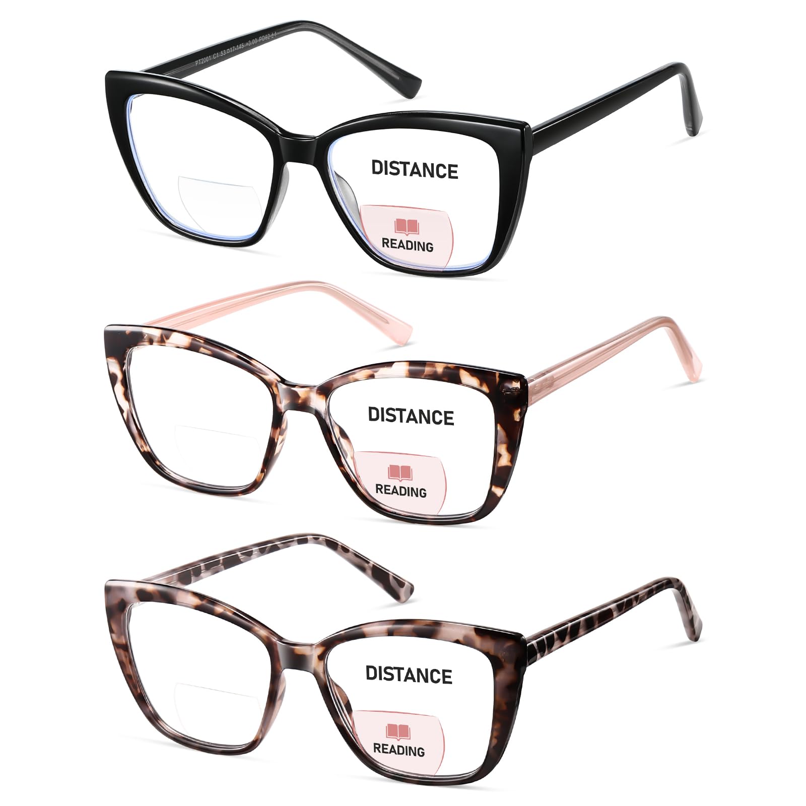 PUBOWT Bifocal Reading Glasses Women Cat Eye Oversized Blue Light Blocking Computer Readers Designer Clear Top Eyewear PT2001