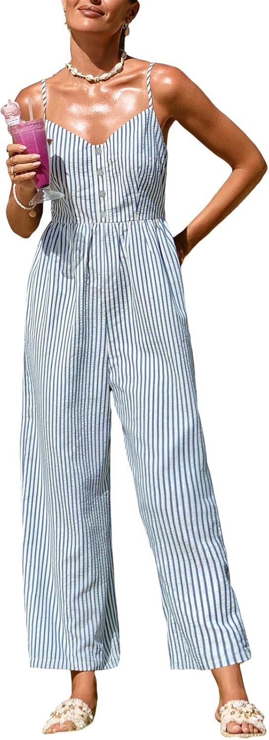 CUPSHE Womens Summer Jumpsuit Backless Adjustable Spaghetti Strap Wide Leg Dressy Business Workout Jumpsuit with Pockets