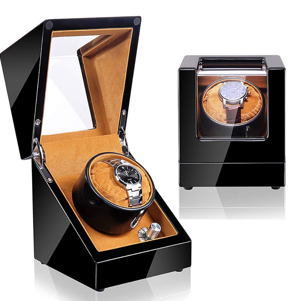 LOKKG Single Watch Winder Battery Powered for Rolex Automatic Watches,Wooden Storage Case Organizer Display Box Gift Black and Brown