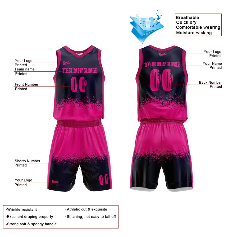 Custom Reversible Basketball Jersey for Man Women Uniform Suit Kids Adults Personalized Jersey (Navy-Hot Pink)