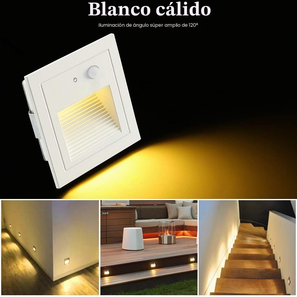 Juego de 4 luces LED empotrables para escaleras, aluminio, 3 W, 230 V, luz blanca cálida, iluminación exterior con detector de movimiento, lámpara de pared, IP65, resistente al agua