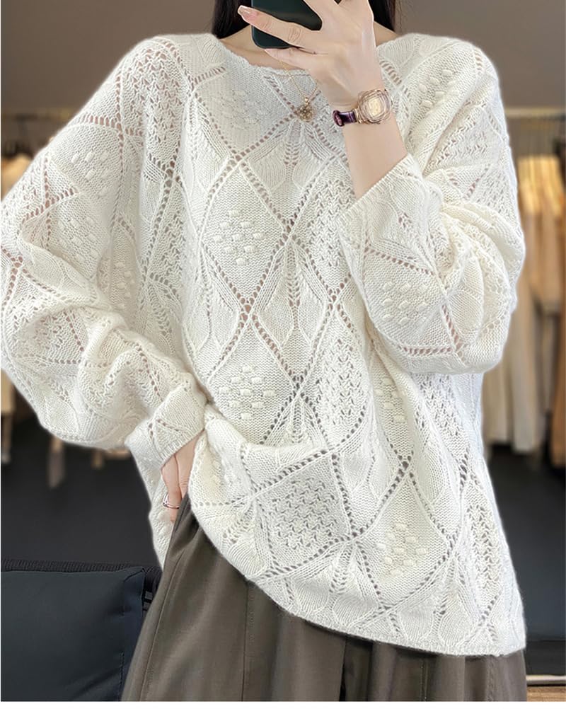 Maglione da donna in lana girocollo a maglia cava pullover sciolto pigro sottile maglioni