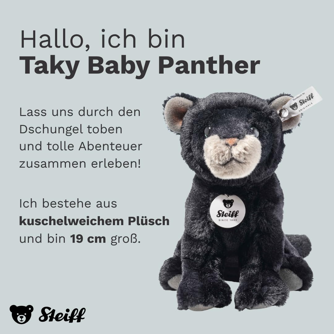 Steiff Kuscheltier Taky Baby Panther, Süßes Stofftier mit Kunststoffaugen, Kinder, Jungen & Mädchen, Plüschtier 19 cm, Schwarz, 067938