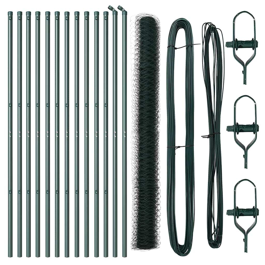 Outdoor Steel Fence Post Set 25 x 1.5 m 50mm Mesh Green Corrosion Resistant Garden Terrace Security Barrier with 26 Posts Easy Assembly