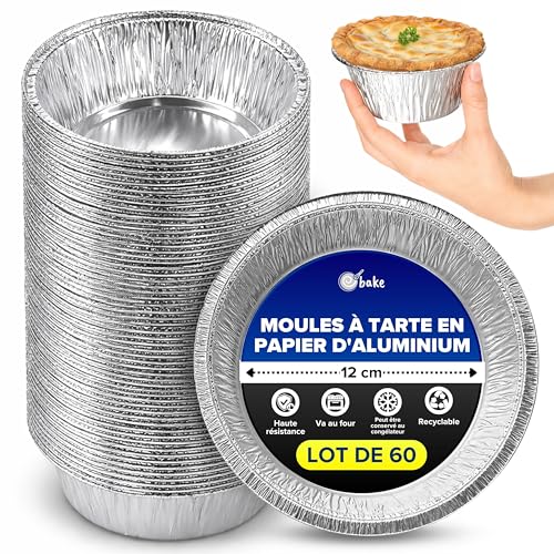 Lot de 60 Moules Aluminium Jetables, Ronds 12 cm x 4 cm, Moule Tartelette Individuelle, Moules à Gâteau Polyvalents pour Hachis Parmentier, Steak, Tartes,...
