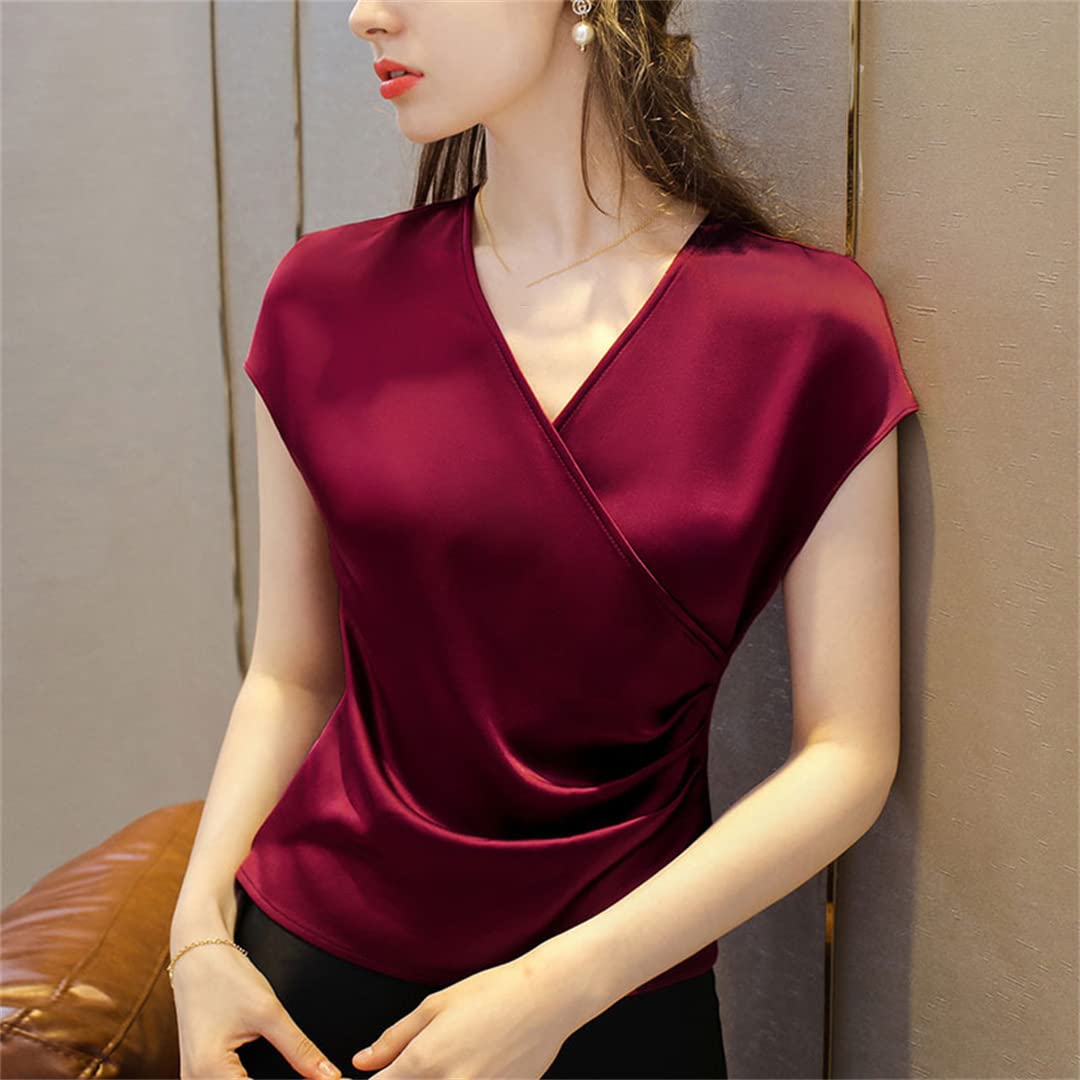 Camisetas de Seda de Manga Corta con Cuello en V para Mujer, Camisa de Gasa Satinada de Verano para Mujer, Blusa de Trabajo y Oficina Pic S