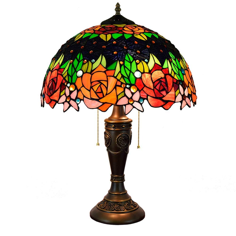 Aioneer 40Cm Tiffany Stained Glass Table Lamp Rose Flower Stained Glass Shade Living Room Lamp Bedside Lamp