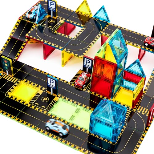 Image of hahaland Magnetic Tiles Road Set - Magnetic Construction Toys with Cars for Ages 3-5 Toddlers Kids Preschool Montessori Toys for 3 4 5 6 7 Year Old Boys Girls Easter Birthday Gifts