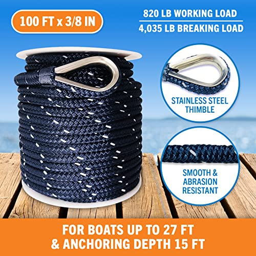 Image of Better Boat Premium Anchor Rope, 100 Ft Double Braided White Nylon Marine | Line, Reflective 3 /8 Inch Reel for Anchors and Boats, Navy Blue