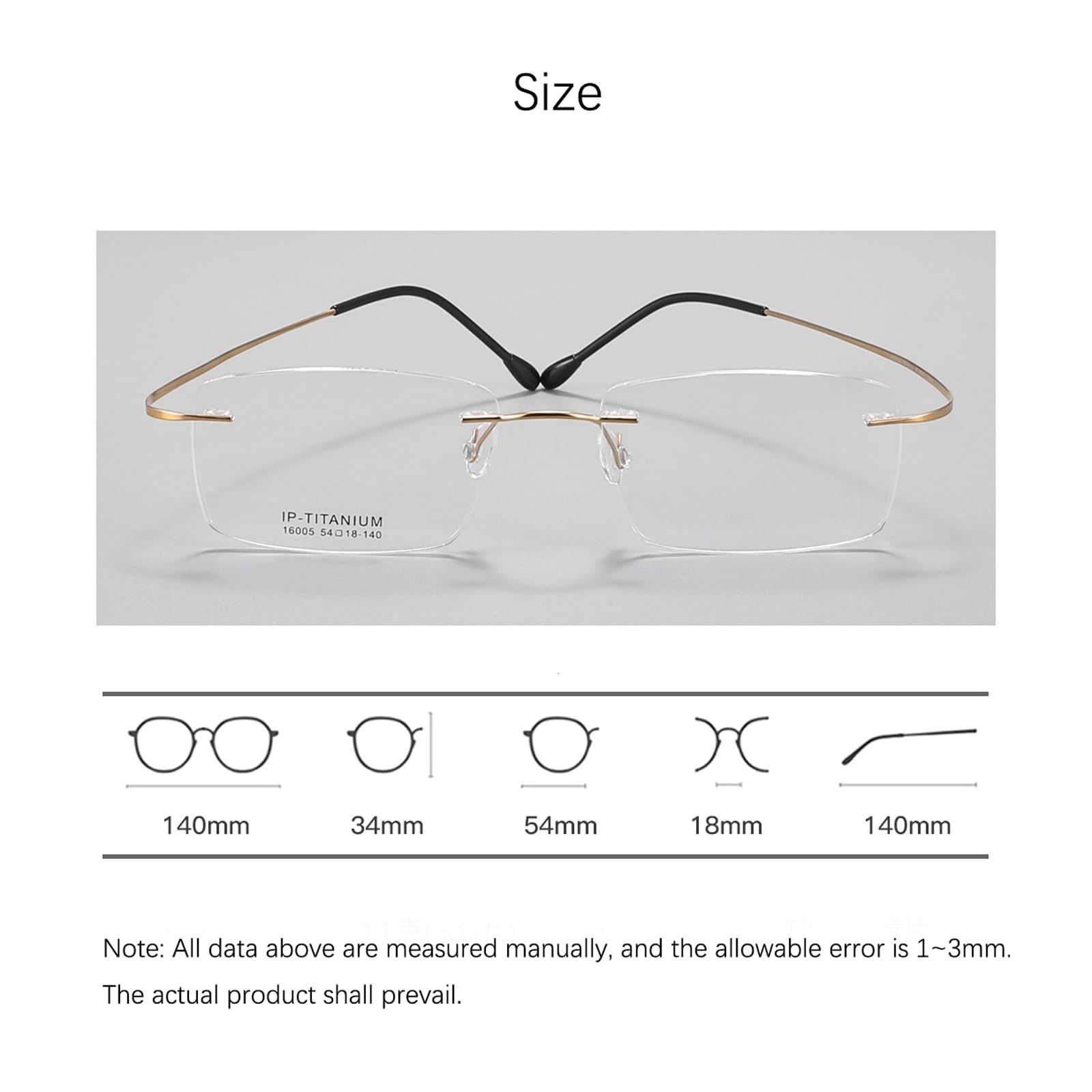 Ultraleichte Brillengestelle, elastische, Nicht verschreibungspflichtige Brillen, Brillen aus reinem Titan for Computer, randlose Unisex-Mode(Golden)