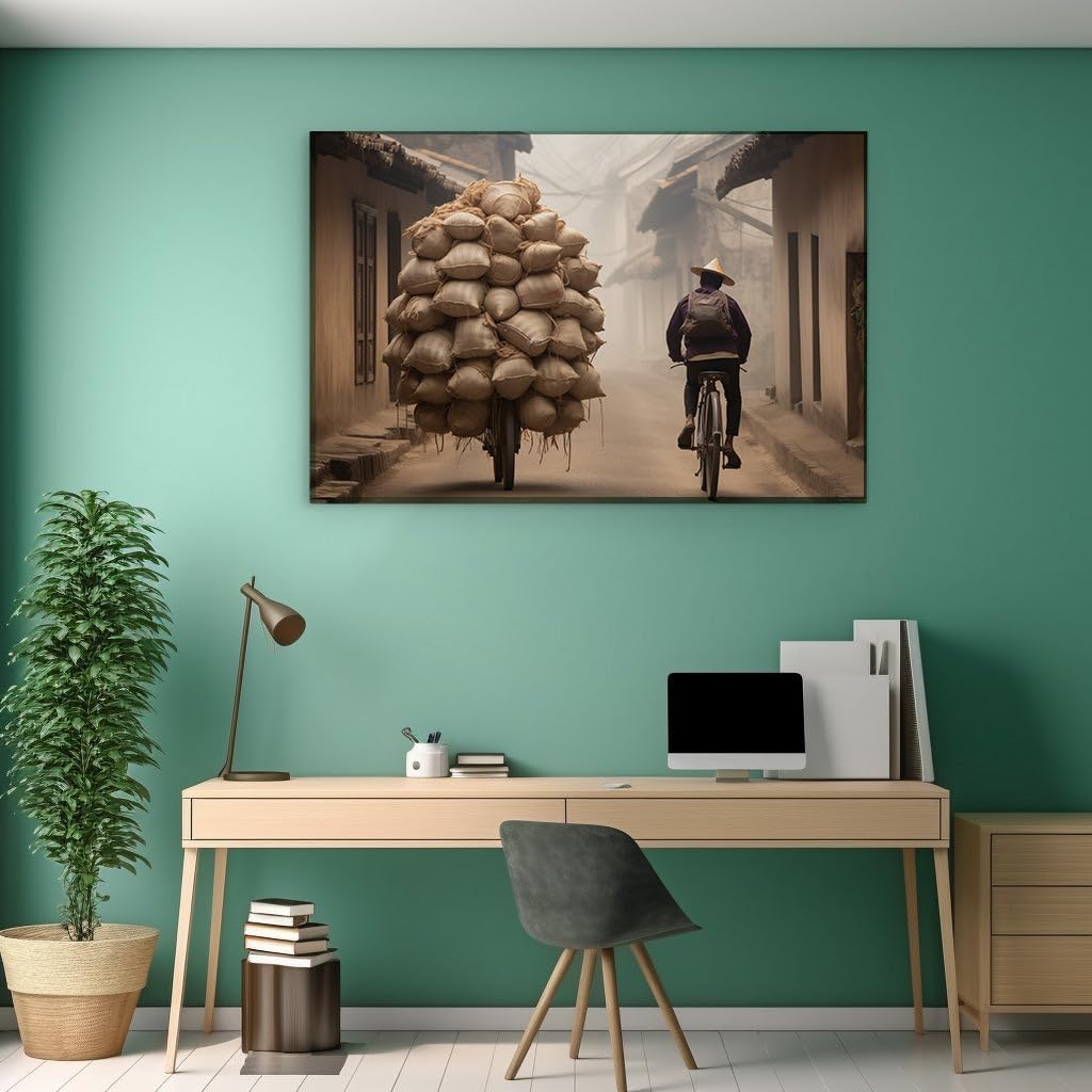 Canvas for Living room. Pedaling Through Time: A Rustic Town's Daily Journey Unveiled, 27 x 18 inch Canvas Wall Art - Ready to Hang