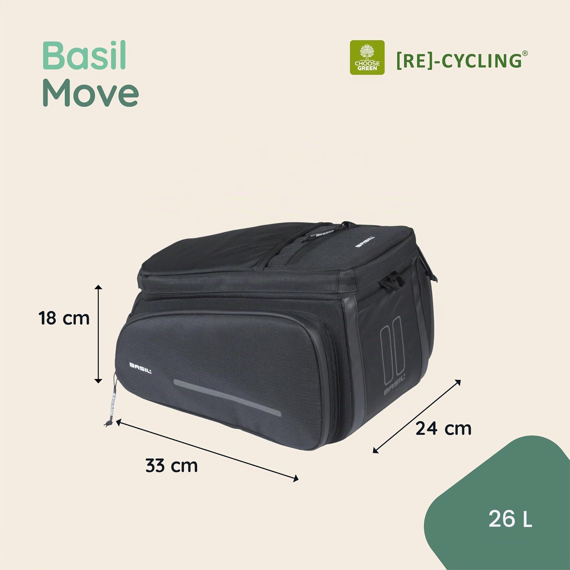 Basil Move MIK Sacoche pour Porte-Bagages 10-26 l, imperméable, Durable en Polyester recyclé, avec Plaque d'adaptation MIK verrouillable