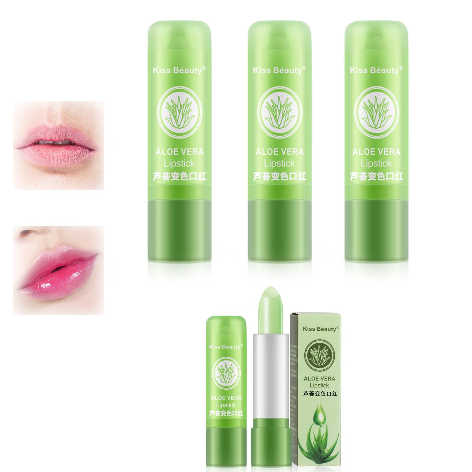3 PCS Aloe Vera Lip Balm,Hydrating Lip Balm for Dry Lip,Long Lasting Lip Balm Stick,Long Lasting Lip Gloss,Aloe Vera Moisturizing Color Changing Lip Balm Gloss Lipstick Beauty Tool