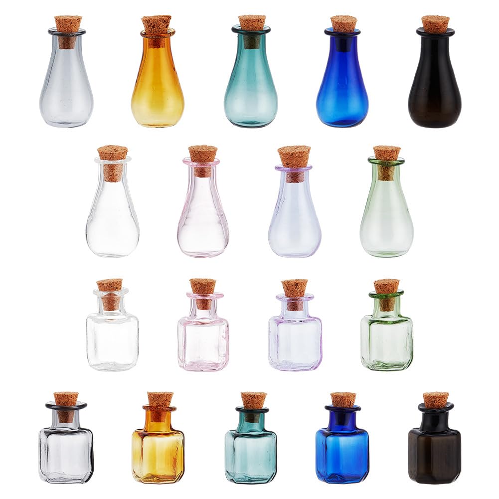 BENECREAT 18 Pack 9 Colors Mini Potion Bottle, 2 Shapes Multi Color Cork Stoppers Glass Bottles Wishing Bottle for DIY Crafts, Wedding, Birthday, Party Favors, 2 Color/Shape