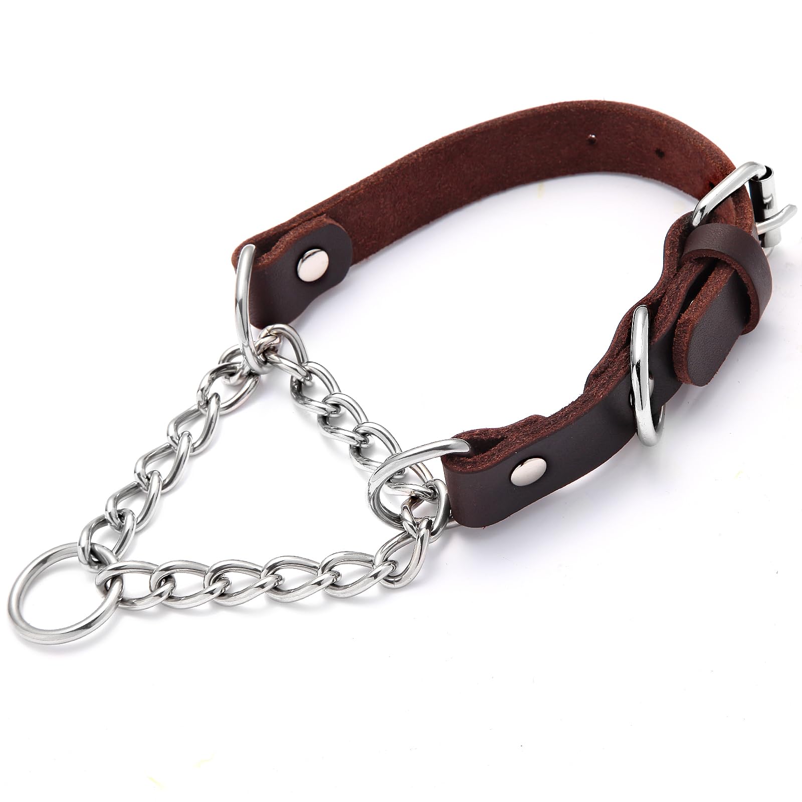 Leather Martingale Dog Collar, Genuine & Stainless Steel Chain Martingale Collar No-Pull Adjustable Anti-Slip Training & Walking Collar for Small Medium Large Breed Dogs Pets. (Small: Neck 10"-16")