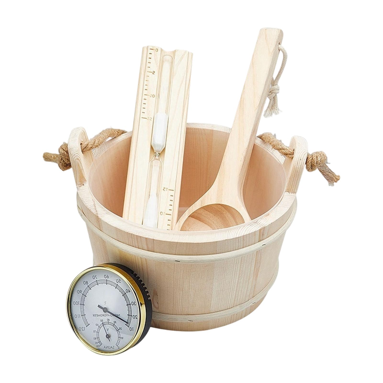 Home Sauna Set Wooden Barrels with Rope Handle Ladle Hourglasses Sauna Accessories for Room and Bathroom Home Wood Bucket