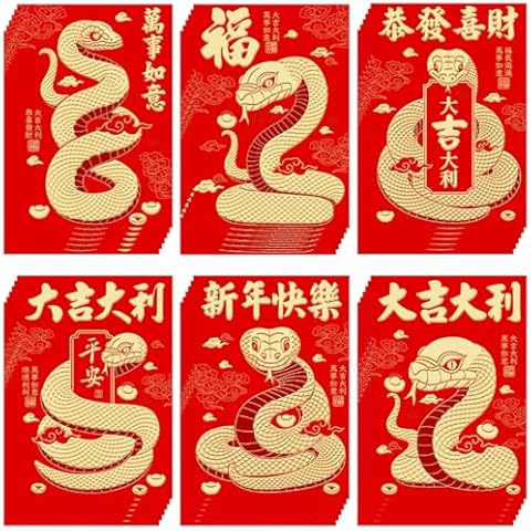 36 Pieces Red Envelope Snake 2025, Traditional Chinese New Year Red Envelopes, 6 Patterns Unique Gold Embossed Designs for Spring Festival Holiday Wedding Birthday, Medium (3.1 x 4.5 In/8 x 11.5 cm) Cover