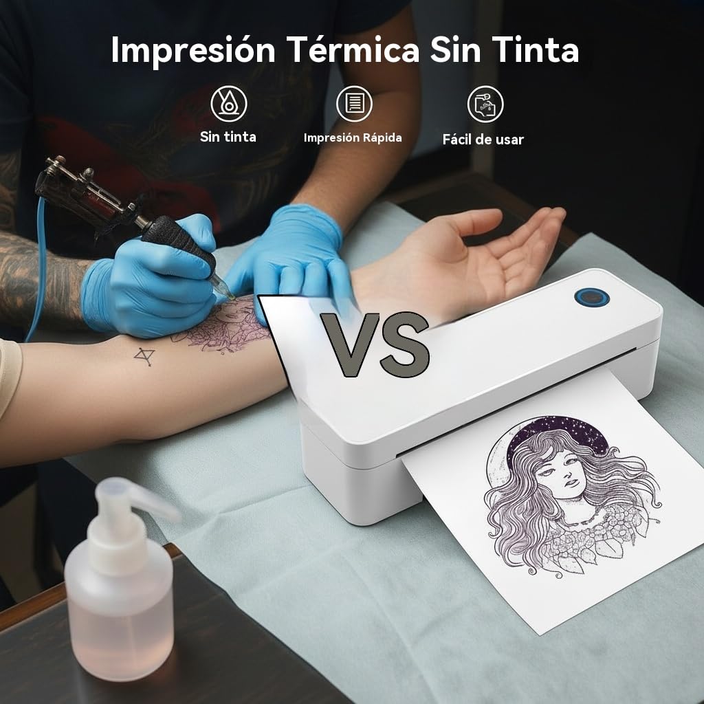 A401 Impresora de Plantillas para Tatuajes Bluetooth, 300DPI Impresora Térmica Portátil para Transferencias y Papel A4, Inalámbrica para Principiantes y Profesionales