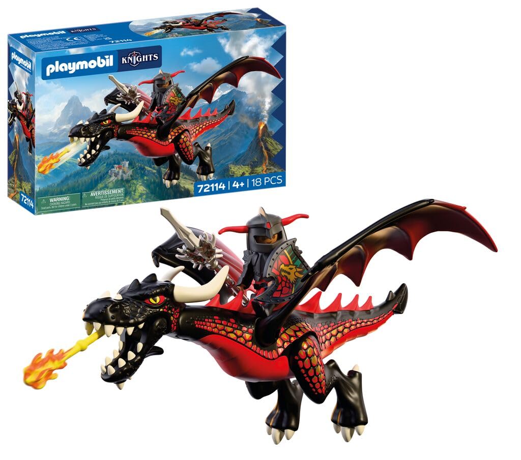 Playmobil | Knights | Black Dragon | Large Fire‑Breathing Dragon with Firing Function and Knight | Dragon Toy for Children Aged 4+ | 72114