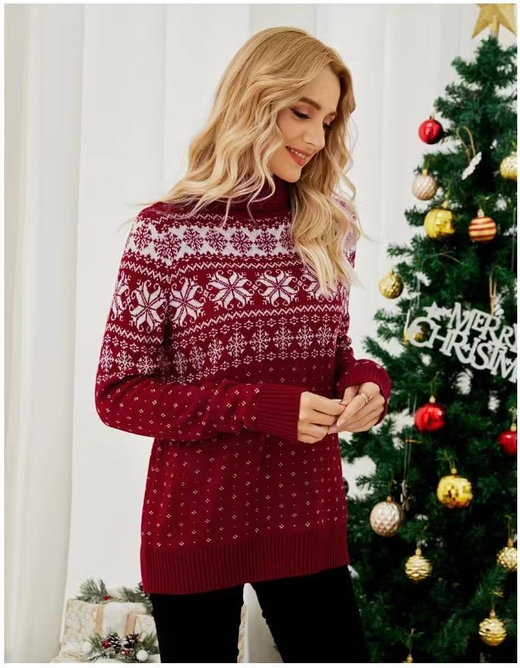 Christmas Sweater for Women Xmas Snowflake Print Turtleneck Knitted Sweater 2026 Fall Winter Casual Pullover Tops - Image 7