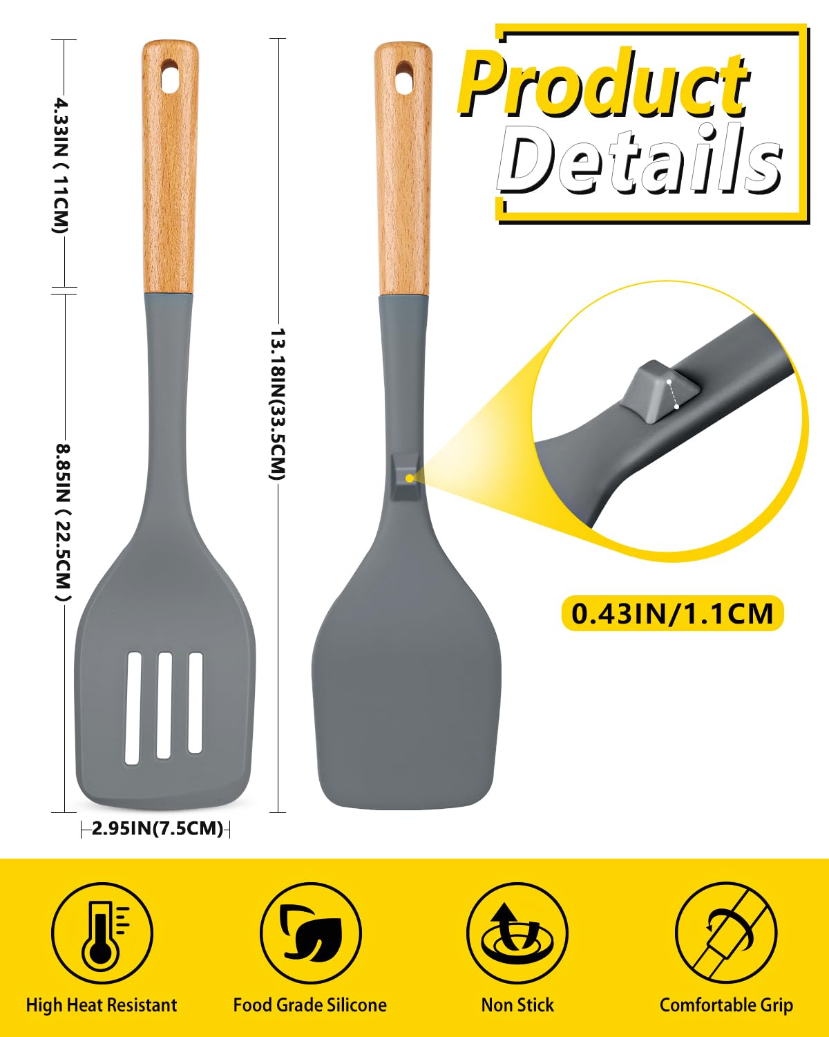 Pack of 2 Large Silicone Spatula, Heat Resistant Solid Turner, Non Stick Slotted Spatulas with Wooden Handle - Image 3