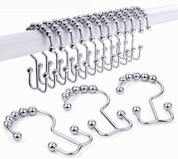 Shower Curtain Hooks Rings, RustResistant Metal Double Roller Glide Shower Hooks